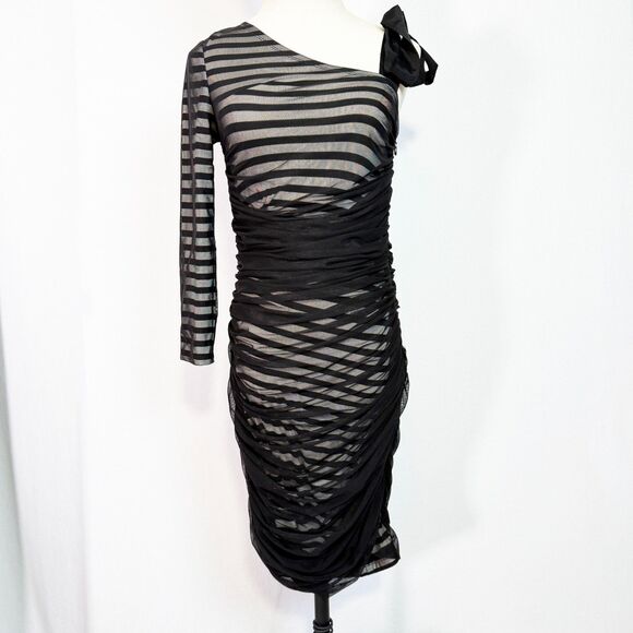 BCBG Max Azria | Black White Striped | One Sleeve Bodycon | Sz S - Picture 2 of 12